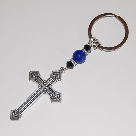 Cross Keychain,Cross Blue Stone Bead Keychain,Prayer Keychain - Picture 2 of 2